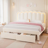 Twin Upholstered LED Bed Frame with Storage Drawer and Adjustable Chic Double Wavy Headboard, Velvet Princess Platform Bed for Kids/Girls, Solid Wood Slats Support, No Box Spring Needed, Beige