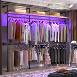 Aheaplus Industrial Pipe Clothing Rack, Reversible 79.7” Clothes Rack for Hanging Clothes, Heavy Duty Garment Racks Closet Wardrobe with LED Lights& Shelves, Walk-in Closet System, Black