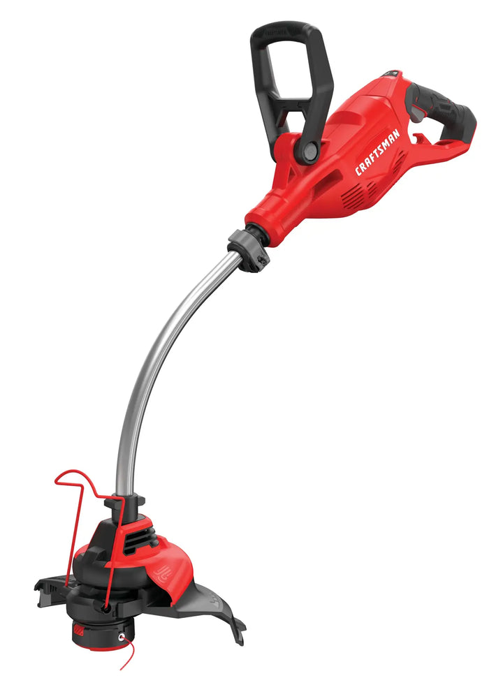 Photo of Craftsman electric string trimmer CMESTHOS912, red and black, side angle on white background.
