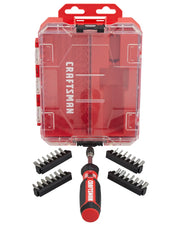 Craftsman CMHT68130 ratcheting screwdriver set with red transparent case and four bit holders, front angle.