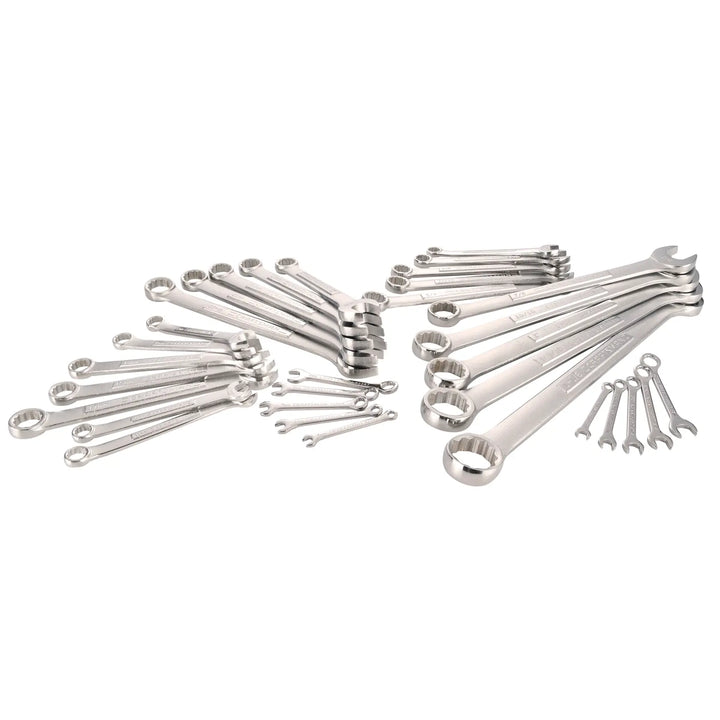 Photo of CRAFTSMAN CMMT12080 combination wrench set, multiple sizes, silver finish, angled on white background.