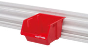 Photo of Craftsman red storage bin CMST82620VT mounted on a white rail, angled front view.
