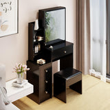 CIATRE Small Space Left Bedside Cabinet Vanity Table + Cushioned Stool, Extra Large Right sliding mirror, Multi Layer High Capacity Storage, Practical Fashionable Dresser, Black